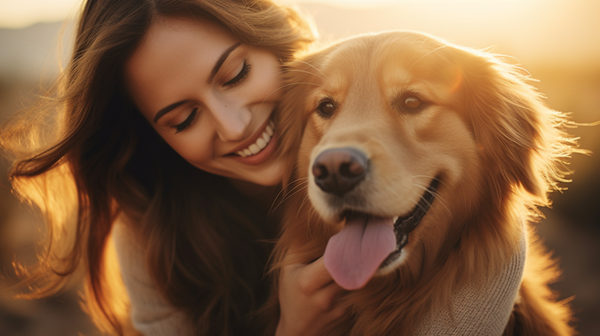 Mulher sorrindo abraçada a golden retriever na luz do fim de tarde