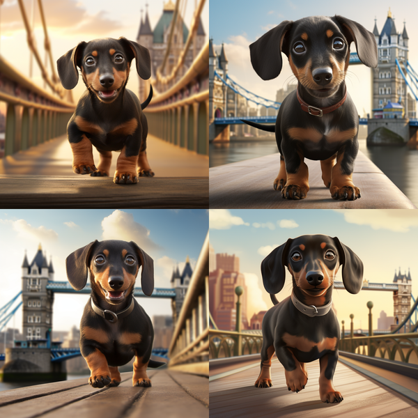 Quatro cenas de filhote de dachshund em ponte de Londres