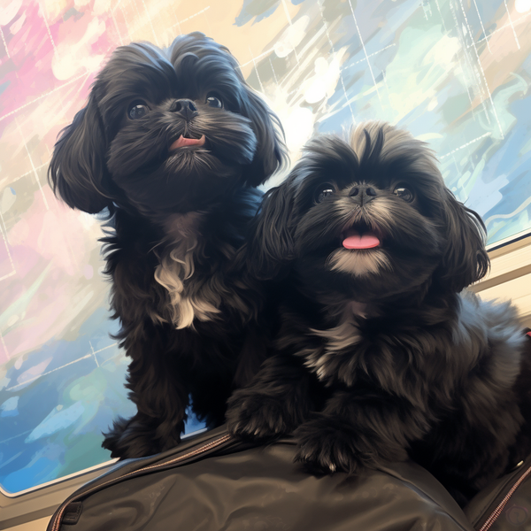 Dois shih tzus pretos sentados sobre uma mala