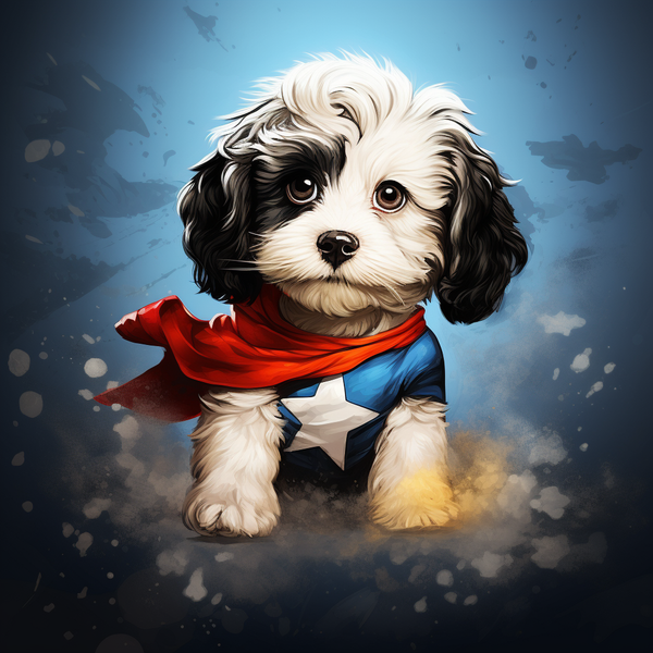 Ilustração de cockapoo preto e branco com capa de super-herói