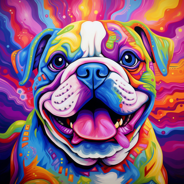 Pintura psicodélica colorida de bulldog inglês sorrindo