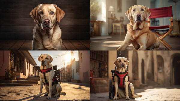 Quatro fotos de labrador usando peitoral vermelho