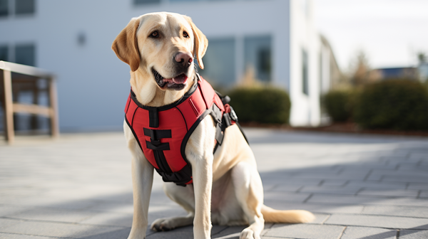 Labrador amarelo usando peitoral vermelho sentado na calçada