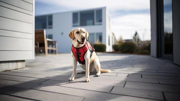 Labrador amarelo usando peitoral vermelho em área externa