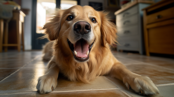 Golden retriever deitado no chão da cozinha olhando para a câmera