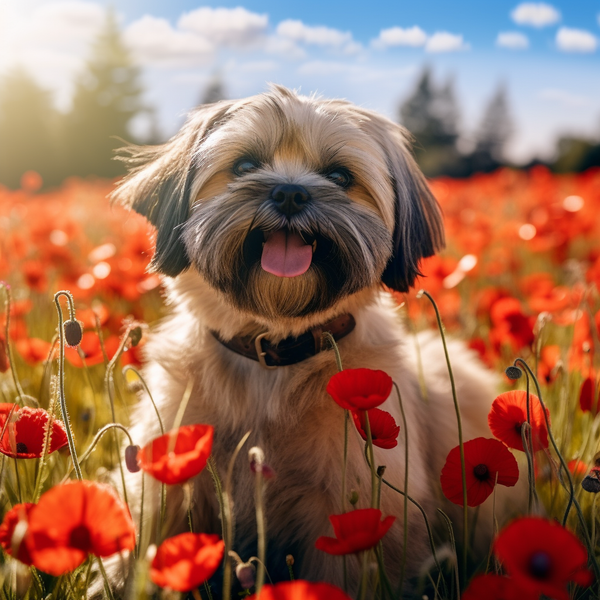 Lhasa apso em campo de papoulas vermelhas