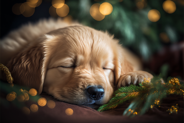 Filhote de golden retriever dormindo entre luzes de Natal