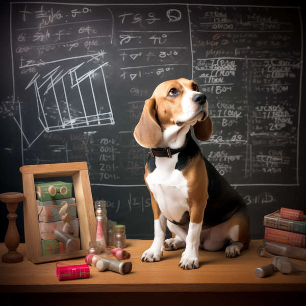 Beagle sentado em mesa em frente a quadro-negro