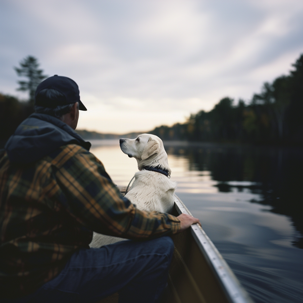 Homem e labrador sentados em barco no lago