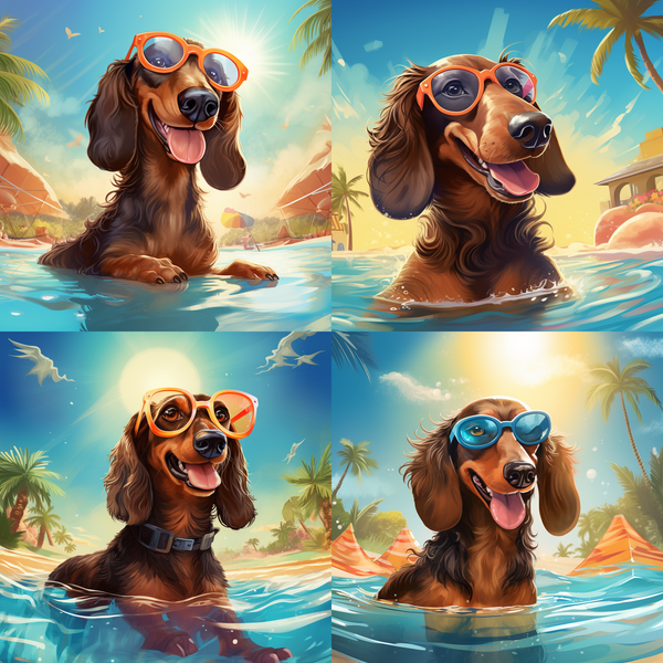 Quatro ilustrações de dachshund de óculos na praia