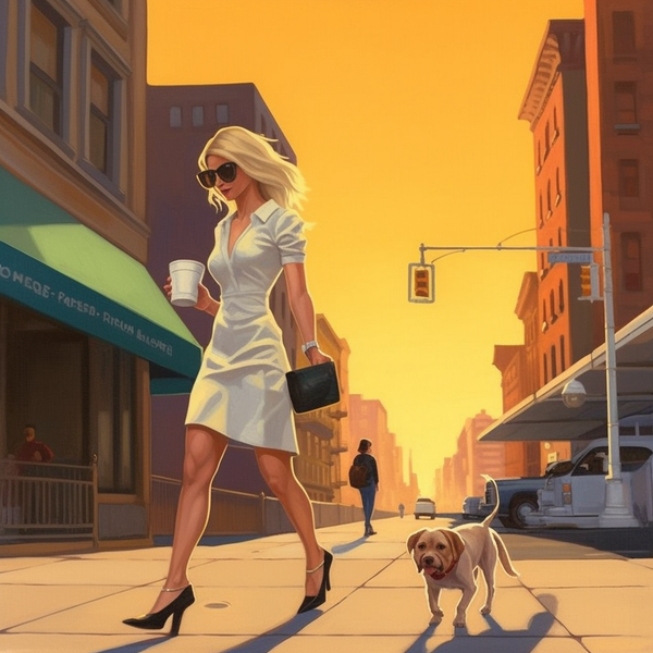 Ilustração de mulher passeando com cachorro na cidade em dia ensolarado