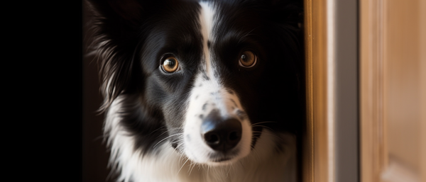 Border collie preto e branco espiando pela porta