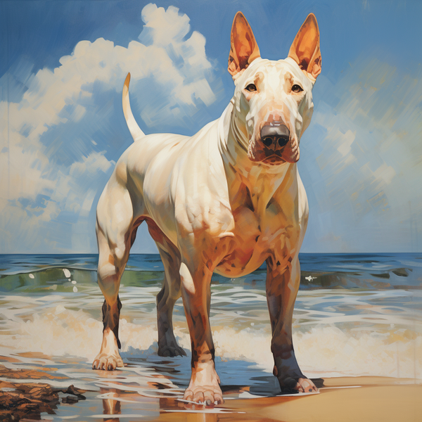 Pintura de bull terrier em pé na beira da praia