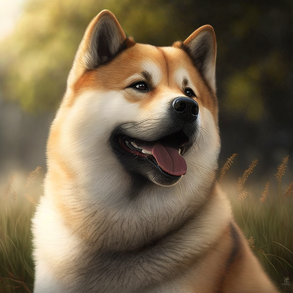 Akita sorrindo em campo ao entardecer