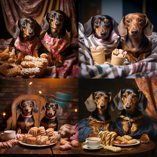 Quatro cenas de dachshunds com doces e café