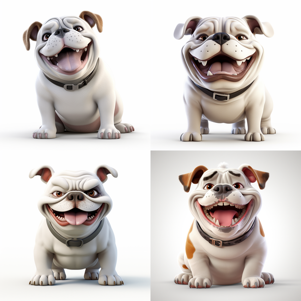 Quatro ilustrações 3D de bulldog inglês sorrindo