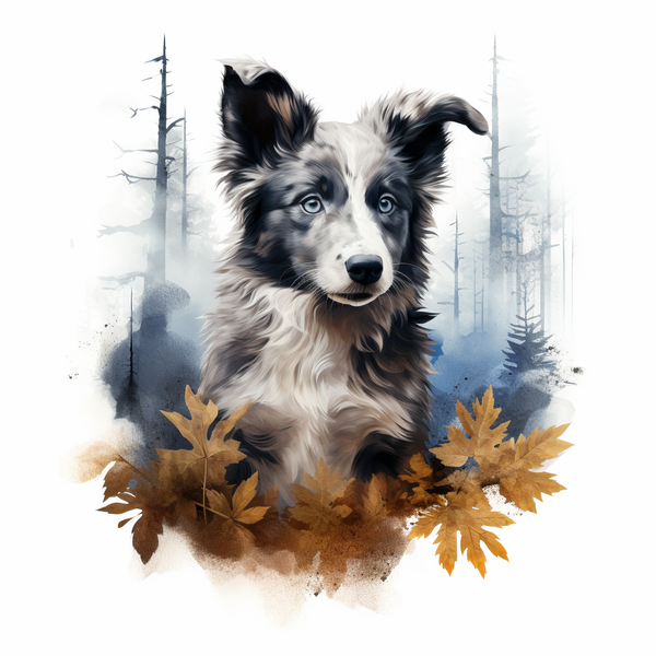 Ilustração de border collie blue merle com folhas de outono