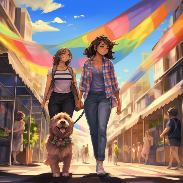 Ilustração de duas mulheres passeando com cachorro em rua enfeitada