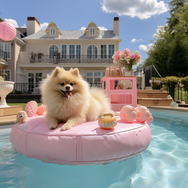 Spitz alemão de creme em boia rosa na piscina com casa ao fundo