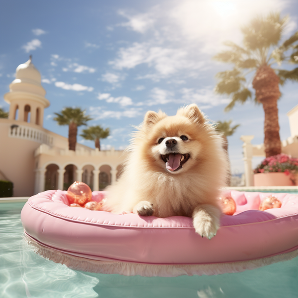 Spitz alemão sentado no tapete de boia rosa na piscina