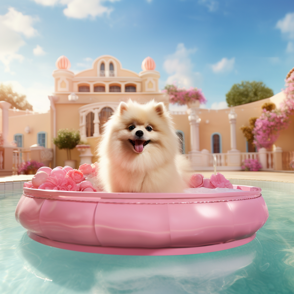 Spitz alemão em boia rosa na piscina de uma mansão