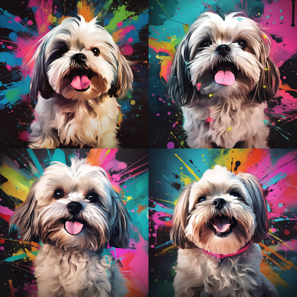 Quatro ilustrações de shih tzu sorrindo em fundo colorido
