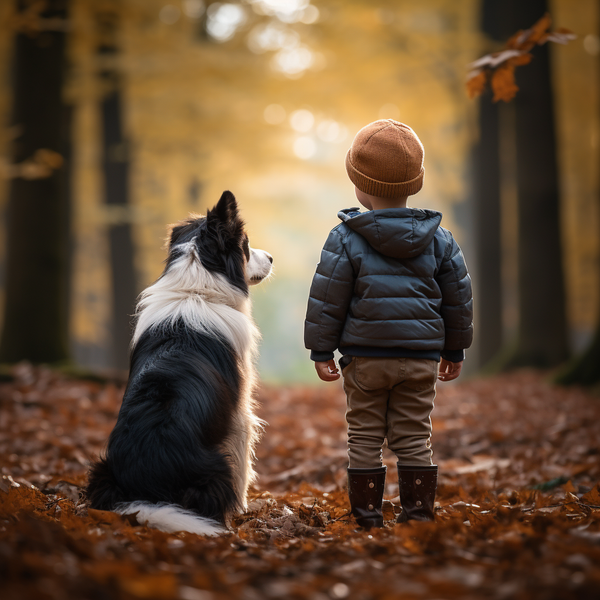 Border collie sentado ao lado de menino em floresta de outono