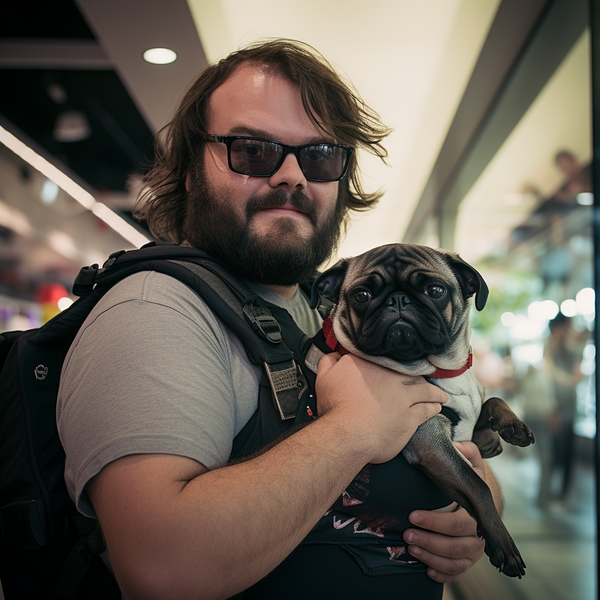 Homem de óculos escuros segurando um pug no colo