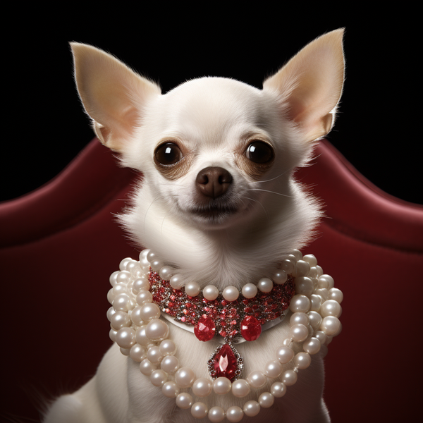 Chihuahua branco com colar de pérolas em poltrona vermelha