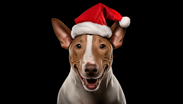 Bull terrier com gorro de Papai Noel em fundo preto