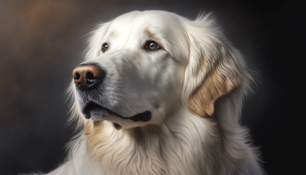 Retrato de golden retriever claro em fundo escuro