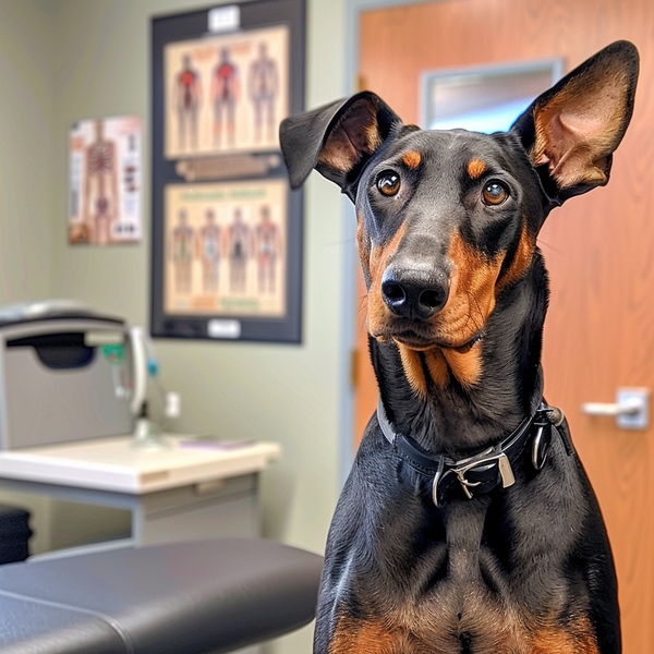 Doberman sentado em consultório veterinário