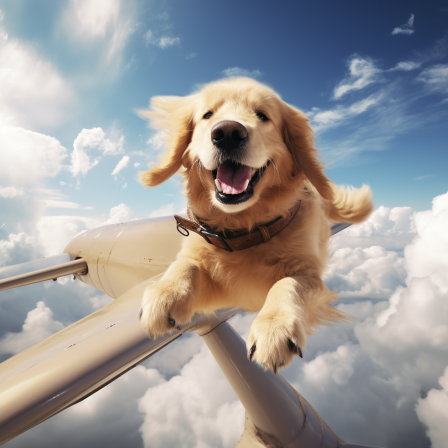 Ilustração de golden retriever feliz voando sobre as nuvens
