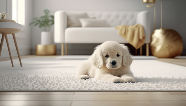 Filhote de golden retriever deitado em tapete branco na sala