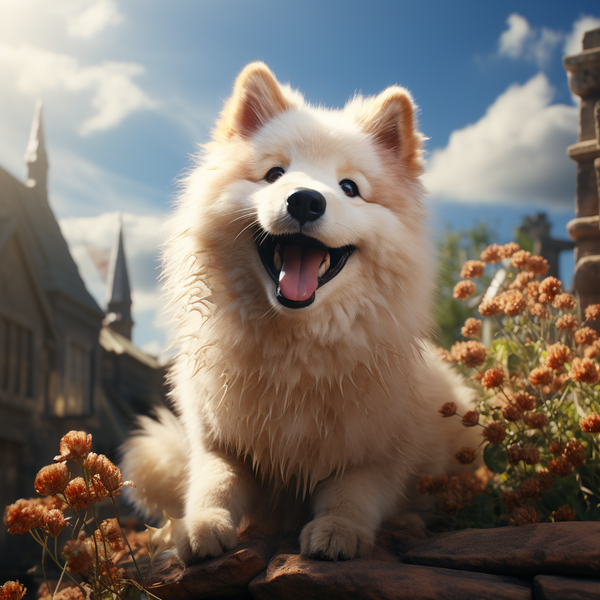 Ilustração de akita branco sorrindo em jardim florido