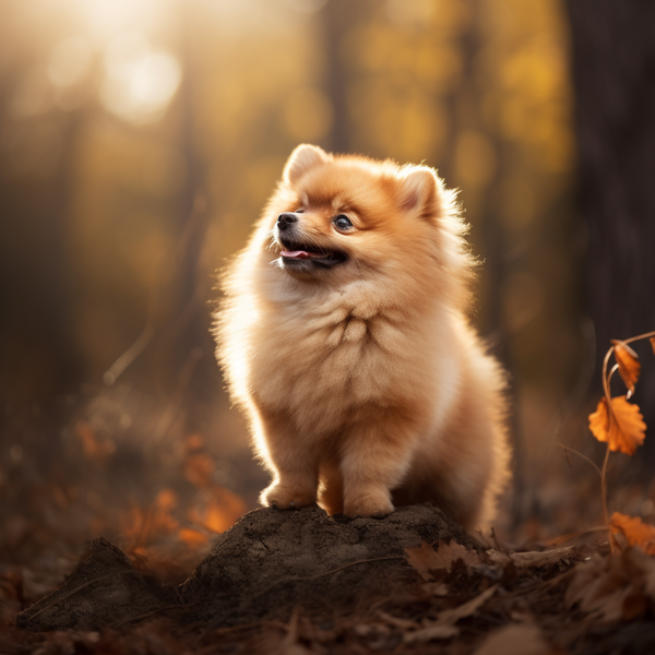 Spitz alemão laranja na floresta de outono
