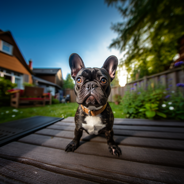 Bulldog francês tigrado em pé no deck do quintal
