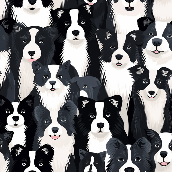 Ilustração com padrão de vários border collies pretos e brancos