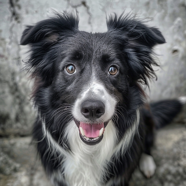 Border collie preto e branco olhando para a câmera