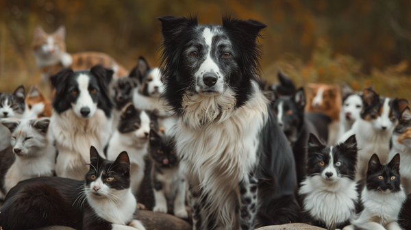 Border collie entre vários gatos pretos e brancos