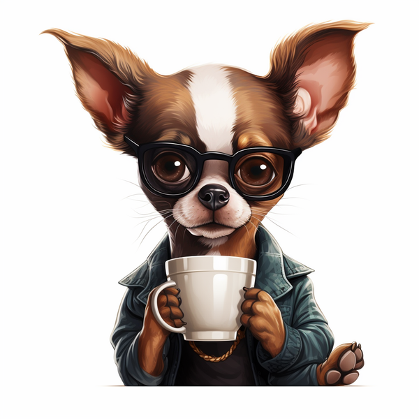 Ilustração de chihuahua de óculos segurando uma xícara