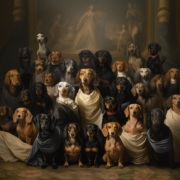 Pintura de grupo de dachshunds em salão antigo