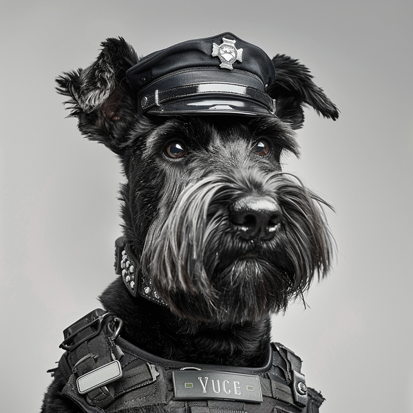 Schnauzer preto vestido de policial em foto preto e branco