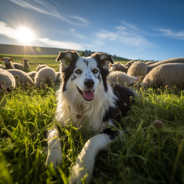 Border collie deitado na grama em frente a um rebanho de ovelhas