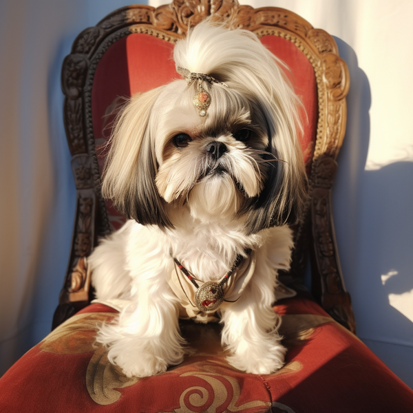 Shih tzu de laço sentado em poltrona vermelha