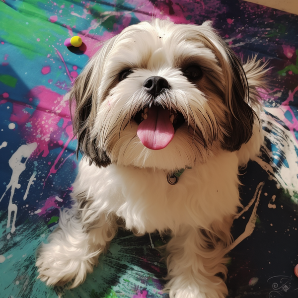Ilustração de shih tzu sorrindo em fundo colorido