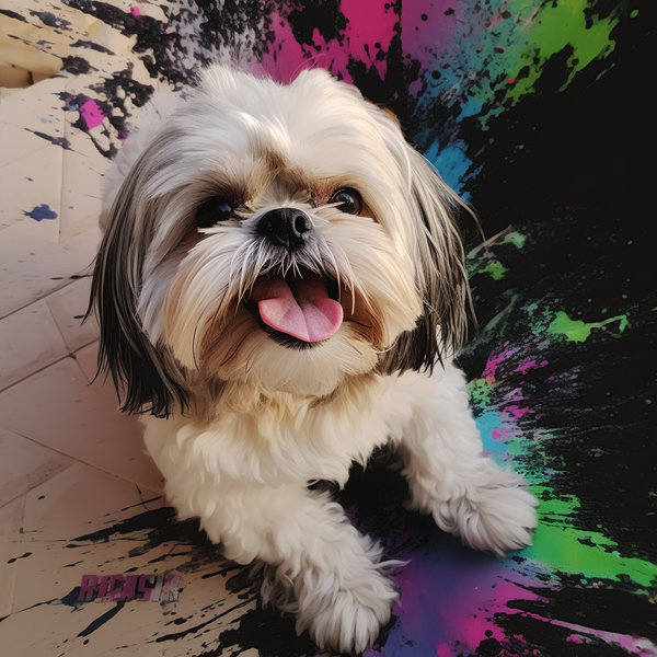 Ilustração de shih tzu deitado com respingos de tinta