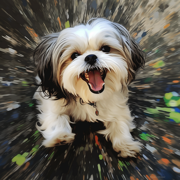 Ilustração de shih tzu sorrindo com explosão de tinta colorida