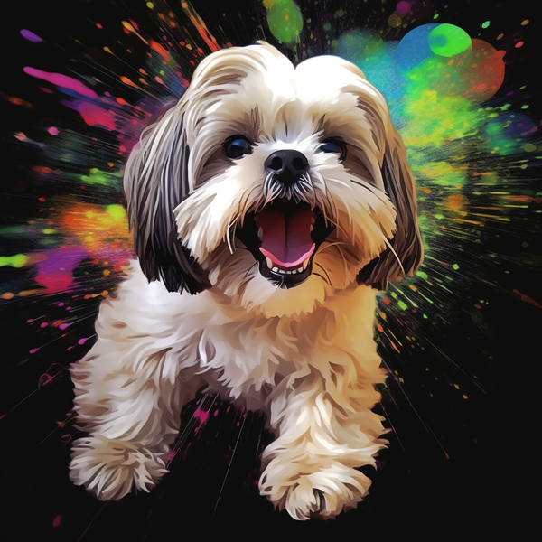 Ilustração de shih tzu em fundo preto com tinta colorida