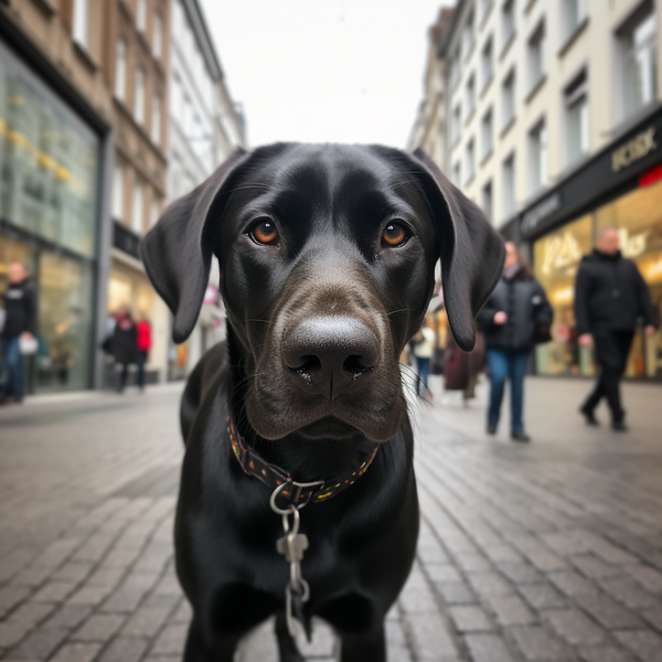 Labrador preto em rua movimentada da cidade